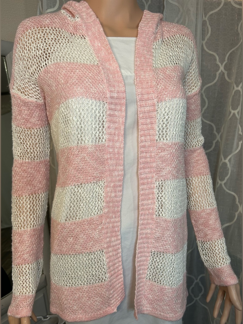 Pink Rose Pink and White Striped Open-Front Hooded Cardigan